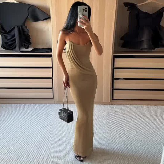 Sculpted Beige Ruched Bodycon Maxi Dress – Elegant Strap Spaghetti Fit