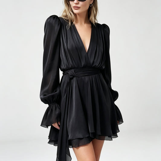 Sexy V-Neck Ruched Mini Dress Long Sleeve Soft Party Dress
