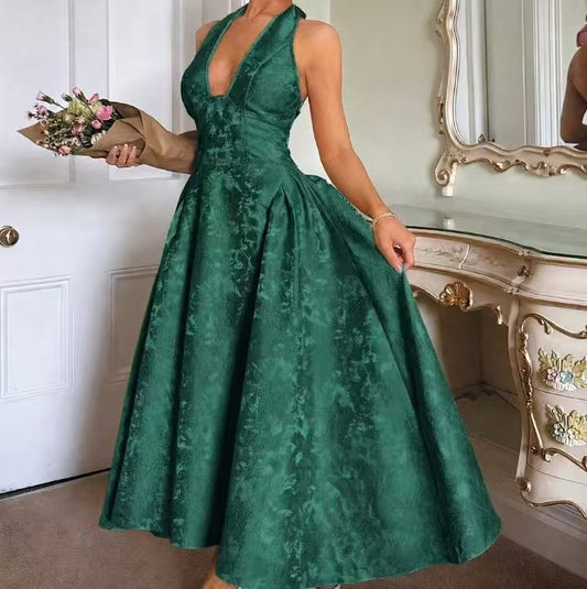 Elegant Floral Jacquard Halter V-Neck Open-Back Midi Dress