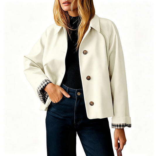 Elegant Plaid Cuff Cropped Trench Jacket - A Timeless Modern Essential