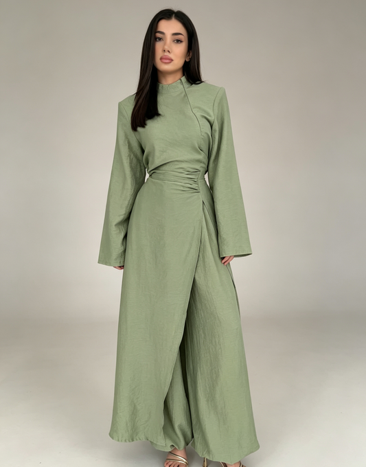 Long Sleeve Wrap Top & Wide-Leg Pants Set