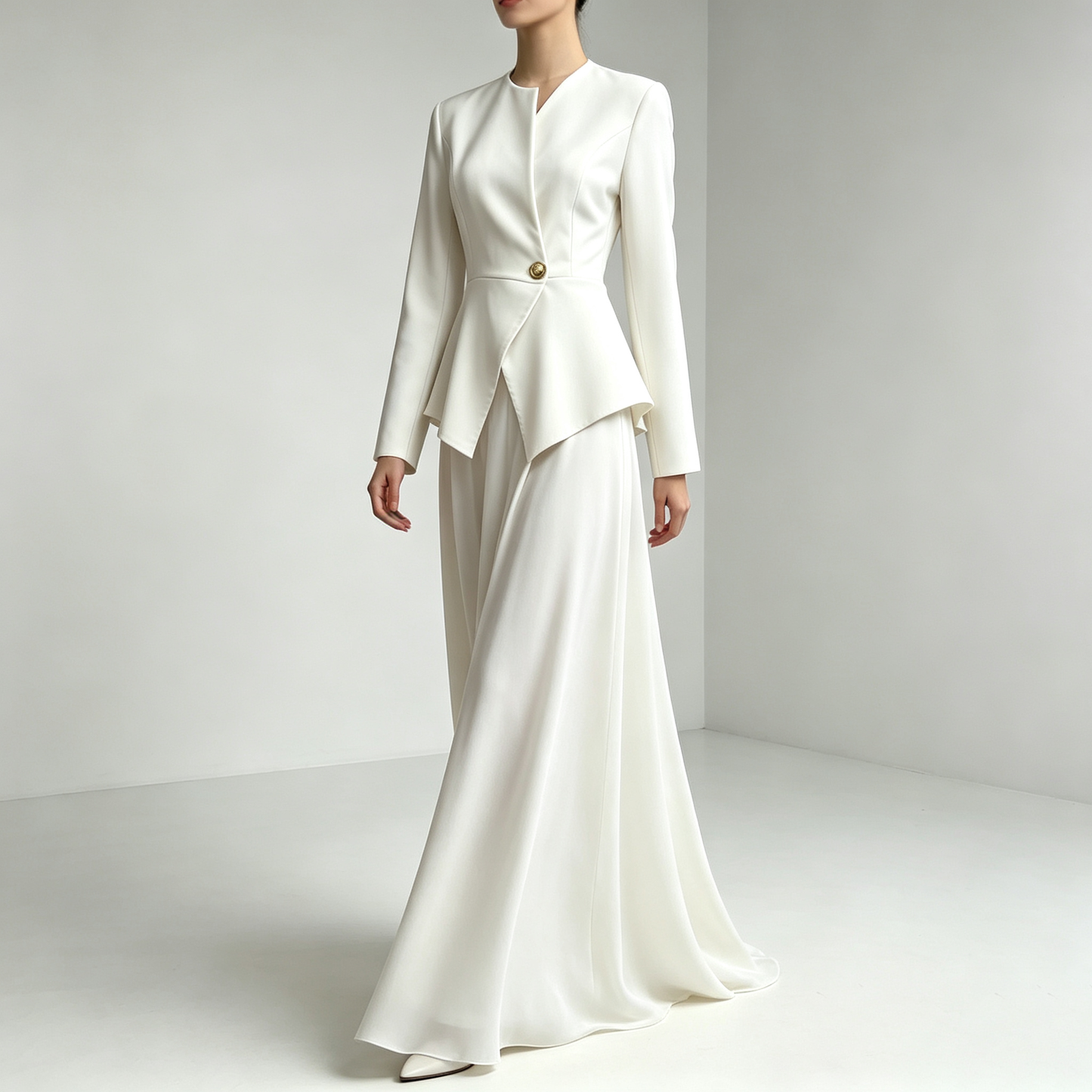 Elegant White Peplum Jacket & Maxi Skirt Set