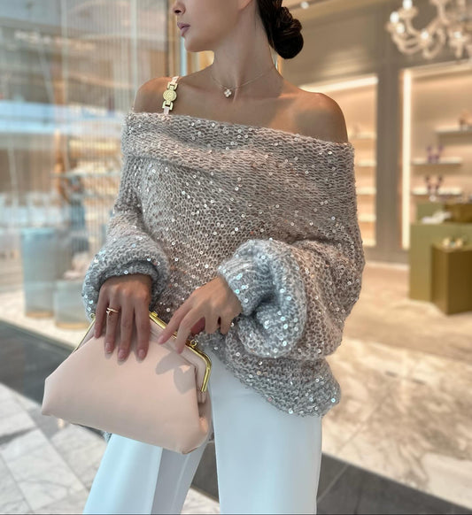 Off-Shoulder Sequin Knit Sweater – Gradient Glam Top