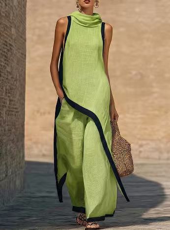 Elegant Asymmetrical Sleeveless Tunic and Wide Leg Pants Set