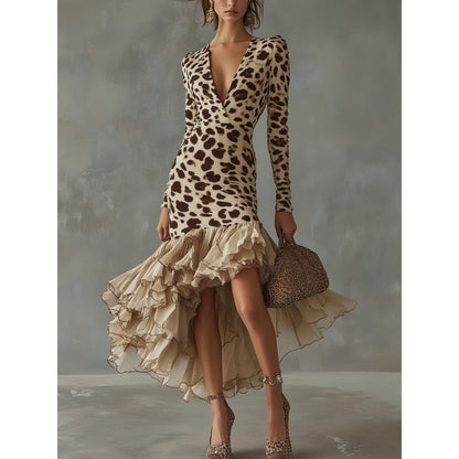 Leopard Print Long Sleeve Ruffle High-Low Dress