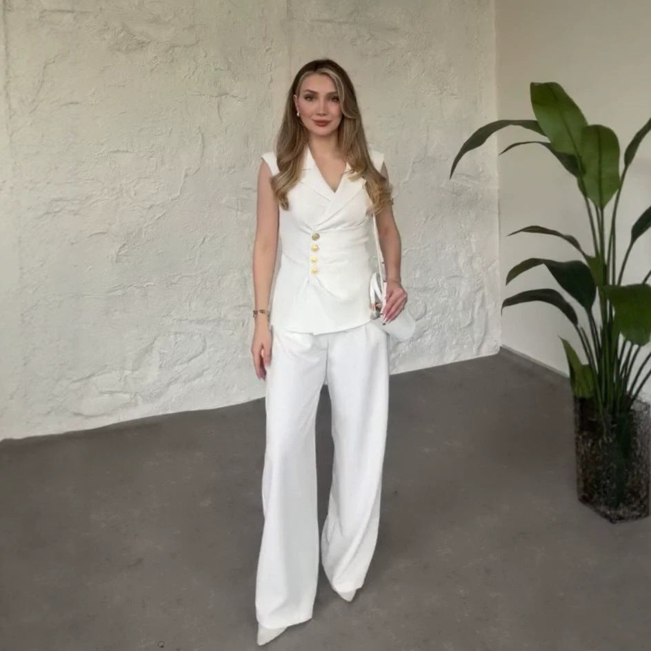 Elegant V-Neck Sleeveless Vest & Wide-Leg Pants Set
