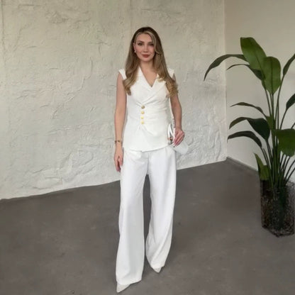 Elegant V-Neck Sleeveless Vest & Wide-Leg Pants Set