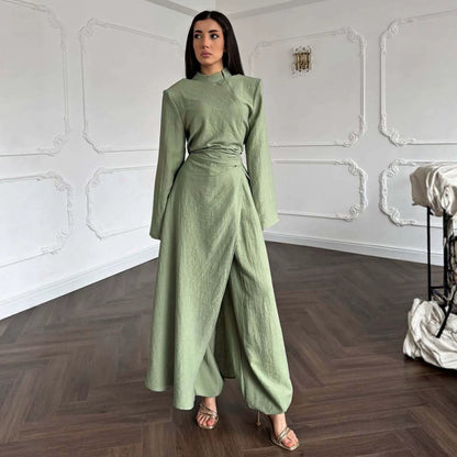 Long Sleeve Wrap Top & Wide-Leg Pants Set