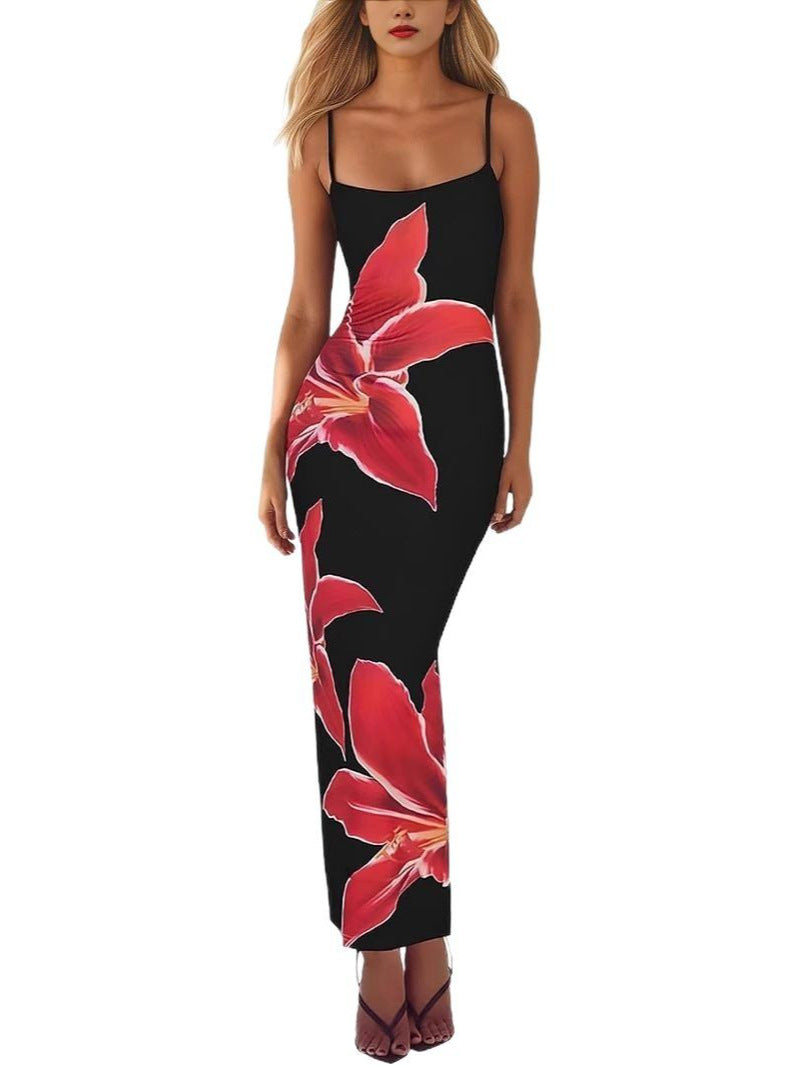 Elegant Red Floral Spaghetti Strap Bodycon Maxi Dress