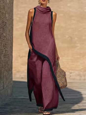 Elegant Asymmetrical Sleeveless Tunic and Wide Leg Pants Set