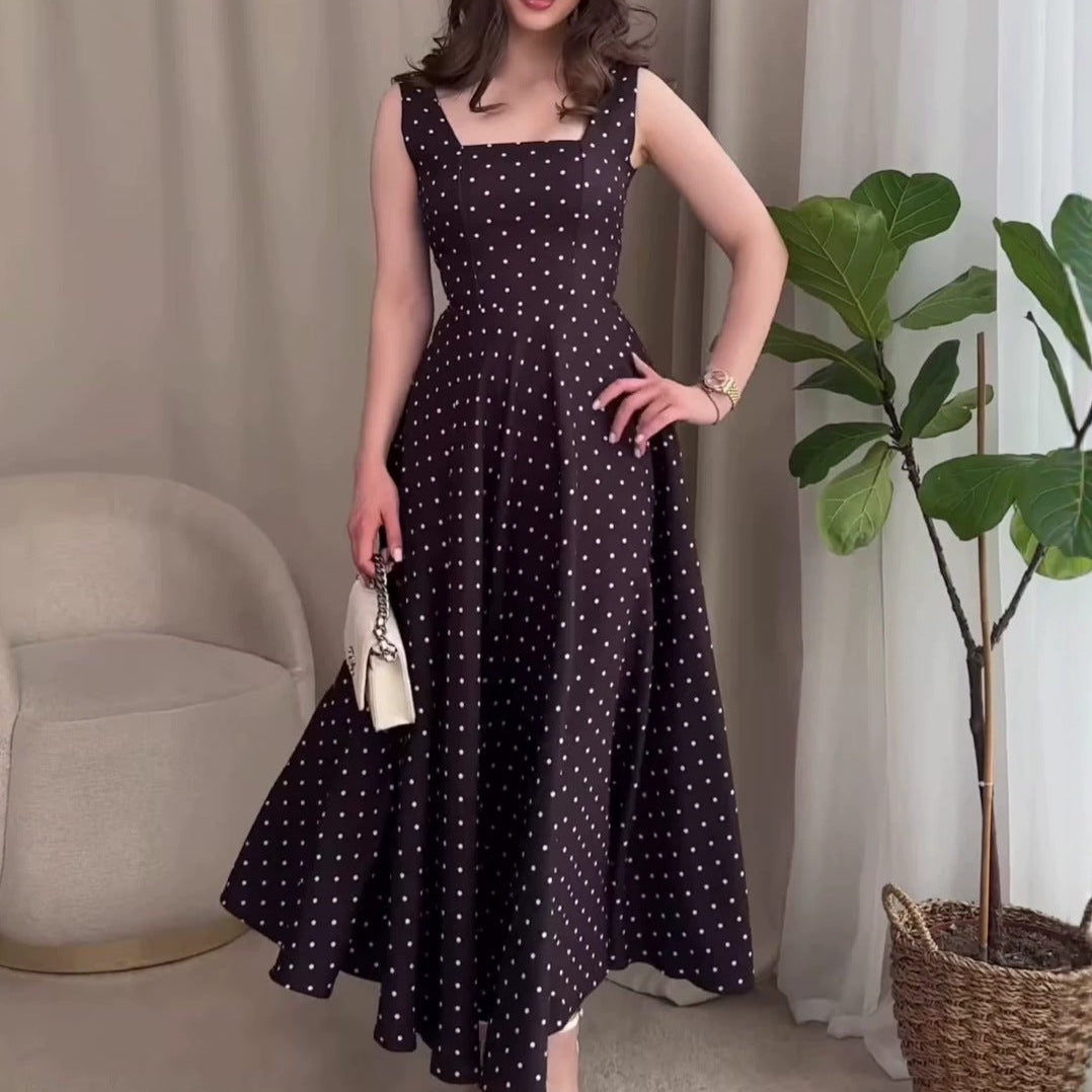 2026 Summer Polka Dot Sleeveless Square Neck Midi Dress