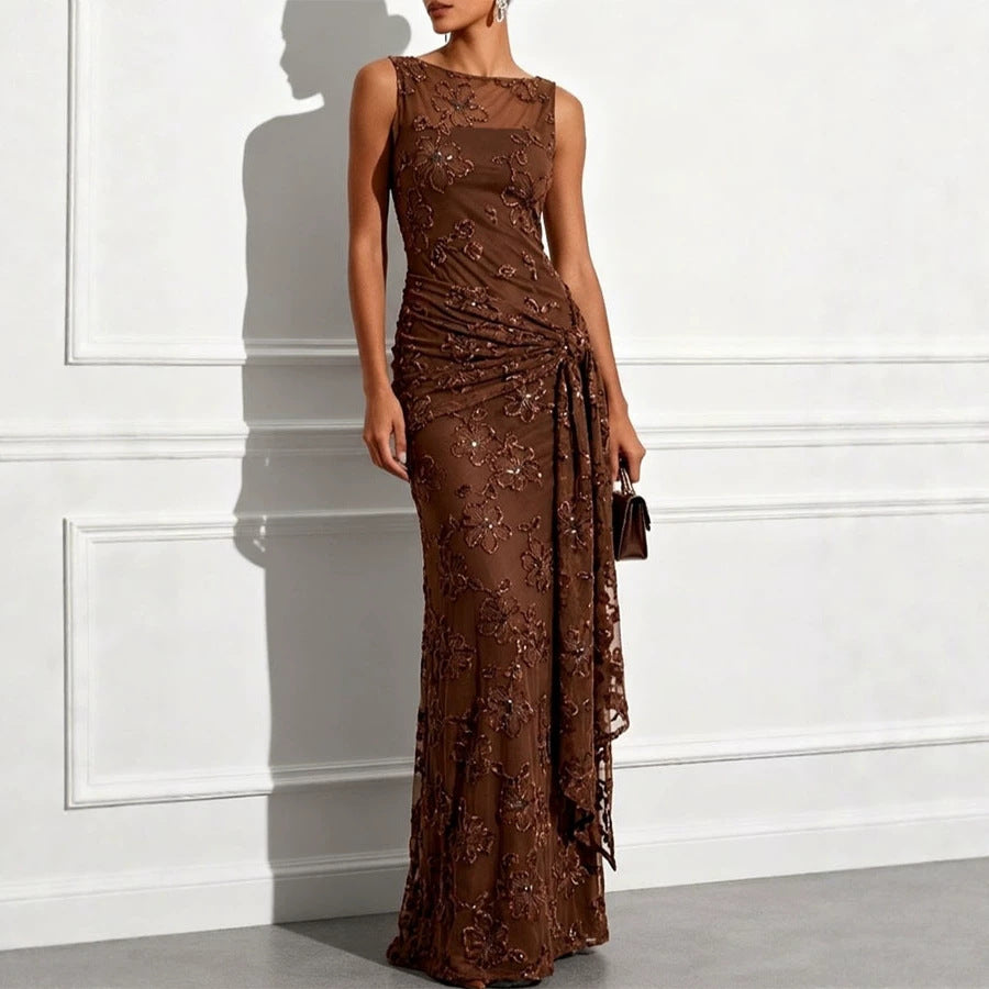 Sleeveless Floral Embroidery Stretch Maxi Dress