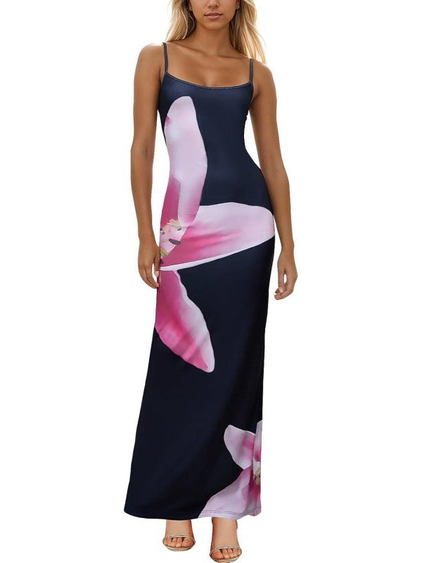 Elegant Red Floral Spaghetti Strap Bodycon Maxi Dress