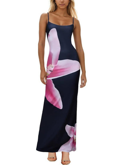 Elegant Red Floral Spaghetti Strap Bodycon Maxi Dress