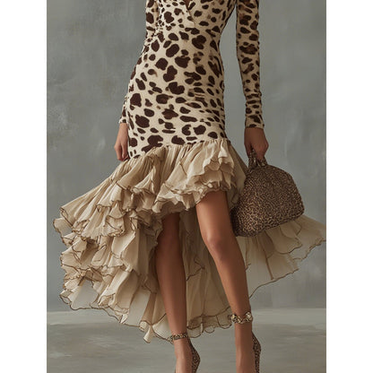 Leopard Print Long Sleeve Ruffle High-Low Dress