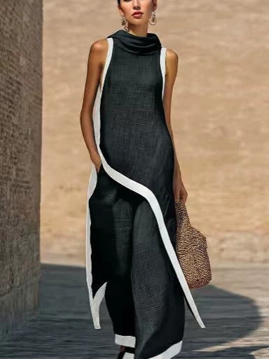 Elegant Asymmetrical Sleeveless Tunic and Wide Leg Pants Set