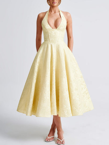 Elegant Floral Jacquard Halter V-Neck Open-Back Midi Dress
