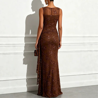 Sleeveless Floral Embroidery Stretch Maxi Dress