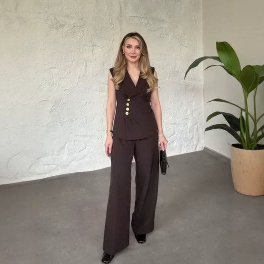 Elegant V-Neck Sleeveless Vest & Wide-Leg Pants Set