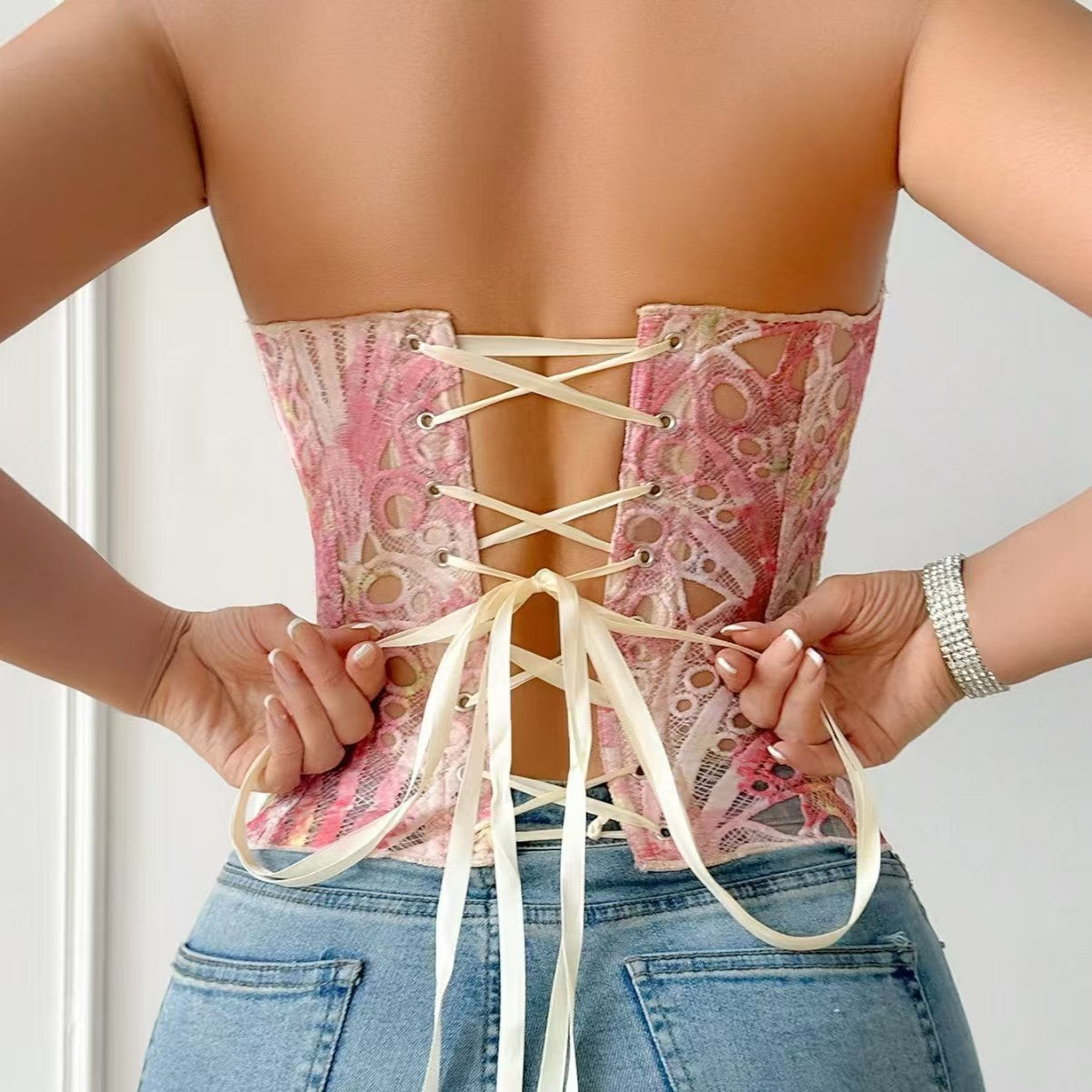 Multi-Color Embroidered Lace Strapless Corset Top