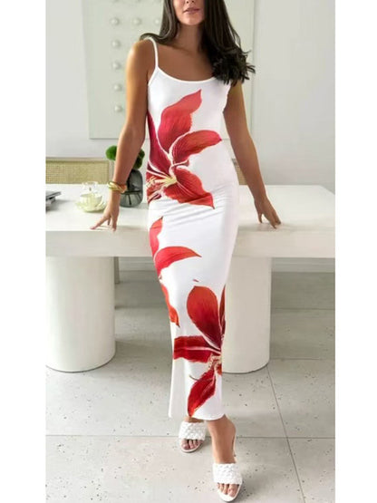 Elegant Red Floral Spaghetti Strap Bodycon Maxi Dress