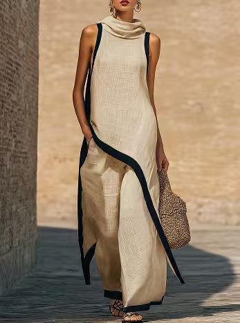 Elegant Asymmetrical Sleeveless Tunic and Wide Leg Pants Set