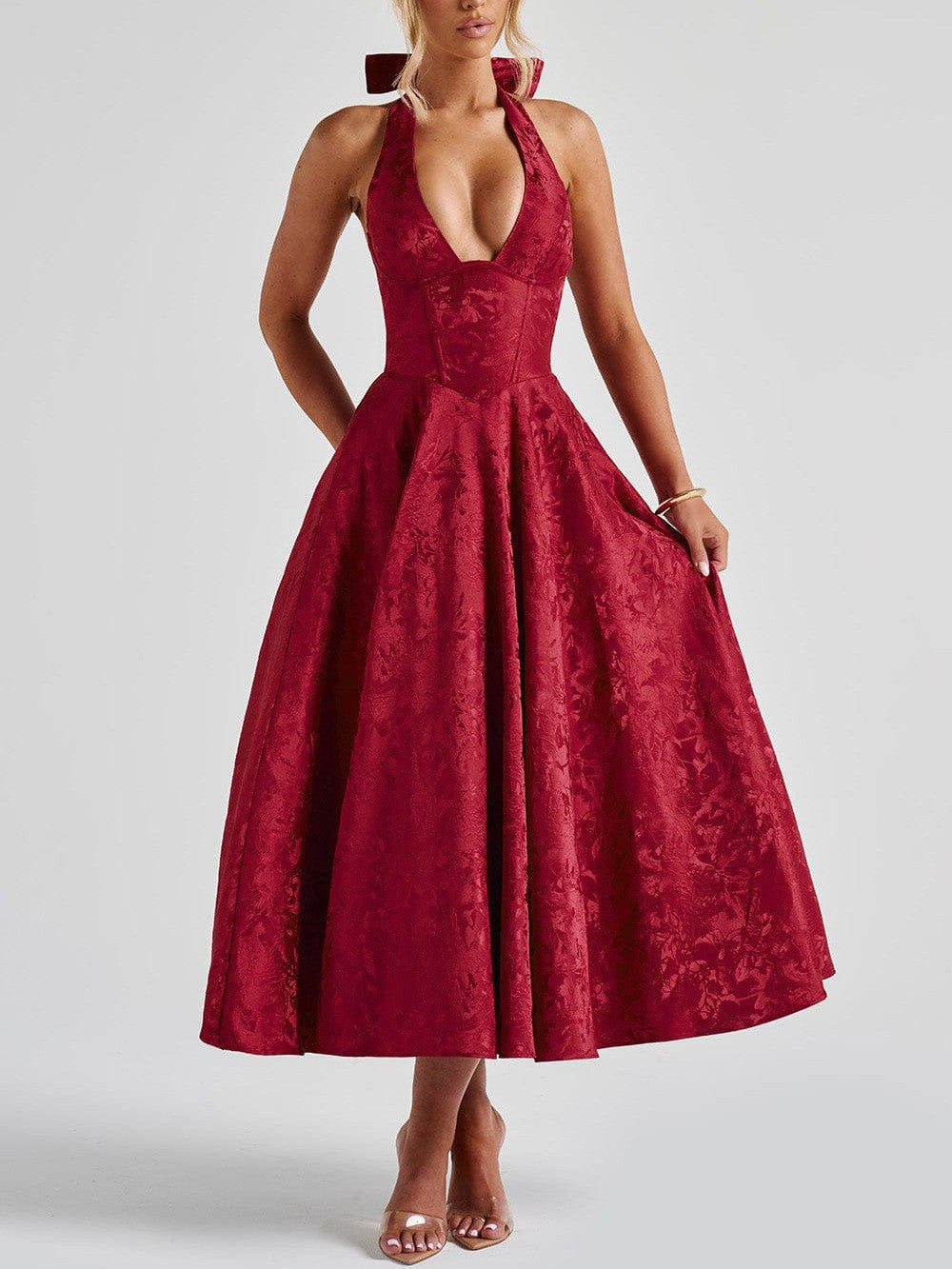 Elegant Floral Jacquard Halter V-Neck Open-Back Midi Dress