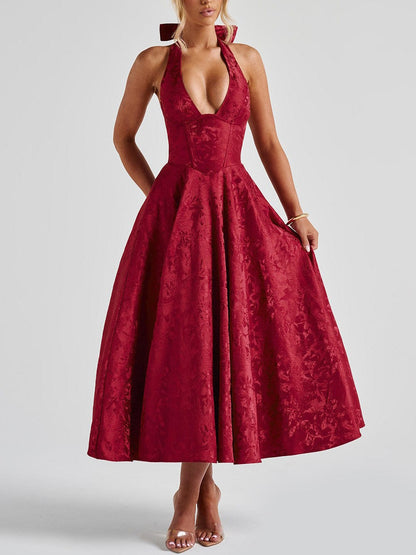 Elegant Floral Jacquard Halter V-Neck Open-Back Midi Dress