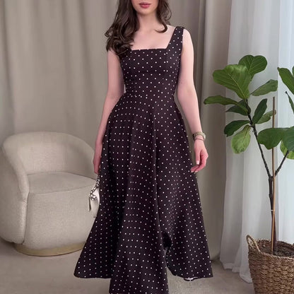 2026 Summer Polka Dot Sleeveless Square Neck Midi Dress