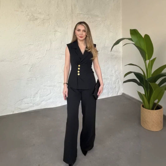 Elegant V-Neck Sleeveless Vest & Wide-Leg Pants Set