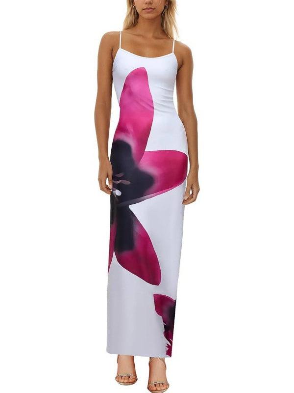 Elegant Red Floral Spaghetti Strap Bodycon Maxi Dress