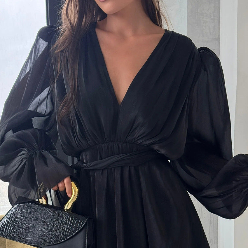 Sexy V-Neck Ruched Mini Dress Long Sleeve Soft Party Dress