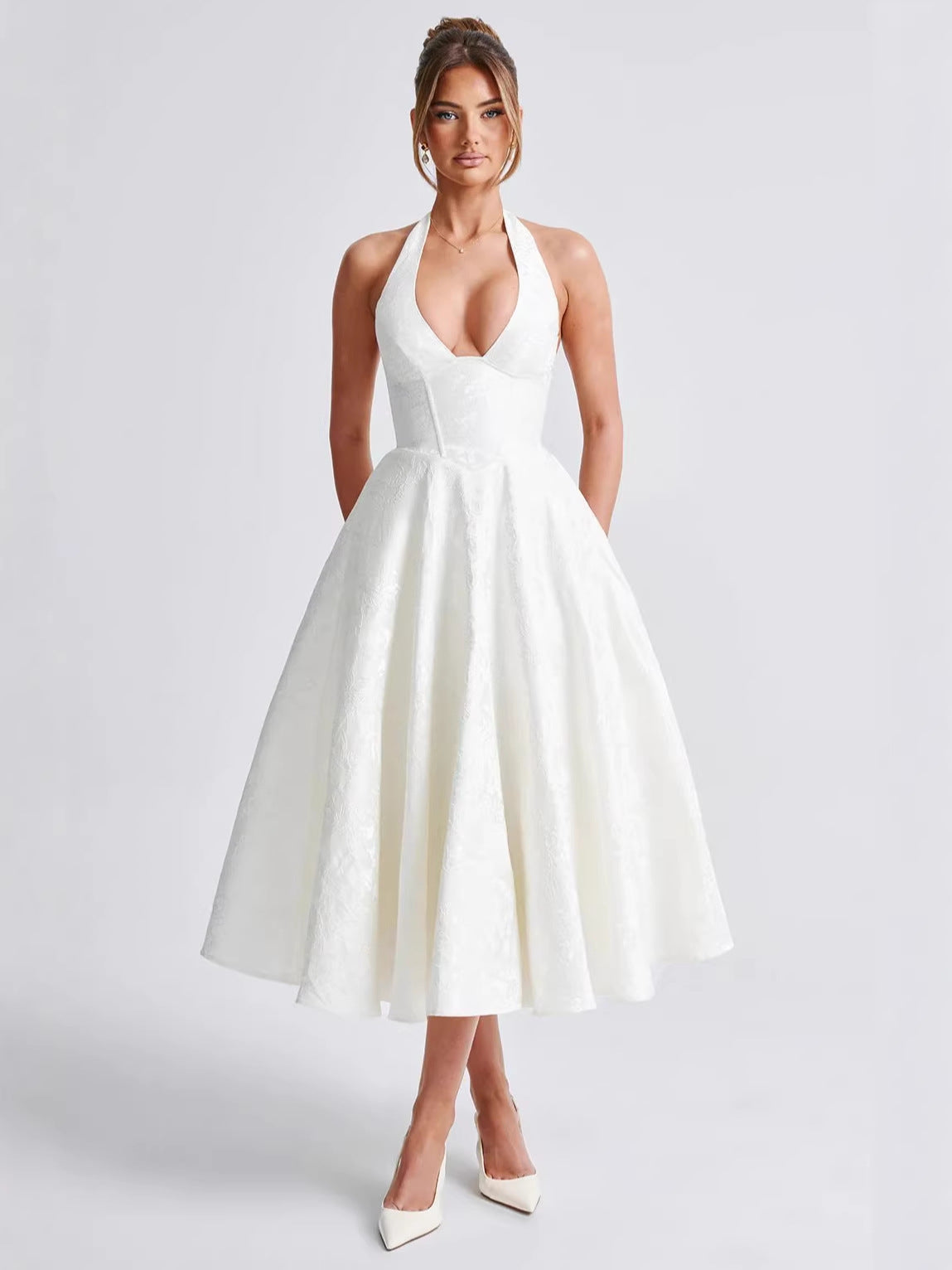 Elegant Floral Jacquard Halter V-Neck Open-Back Midi Dress