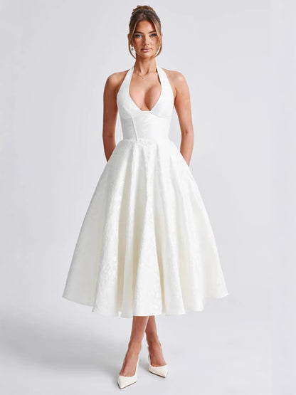 Elegant Floral Jacquard Halter V-Neck Open-Back Midi Dress
