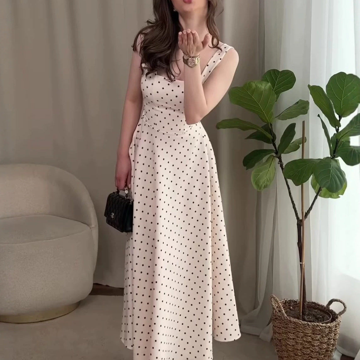 2026 Summer Polka Dot Sleeveless Square Neck Midi Dress