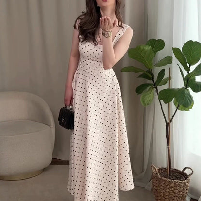 2026 Summer Polka Dot Sleeveless Square Neck Midi Dress