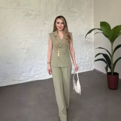 Elegant V-Neck Sleeveless Vest & Wide-Leg Pants Set