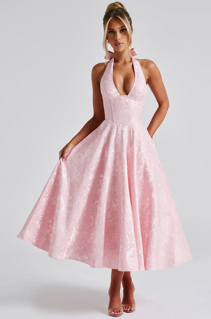 Elegant Floral Jacquard Halter V-Neck Open-Back Midi Dress