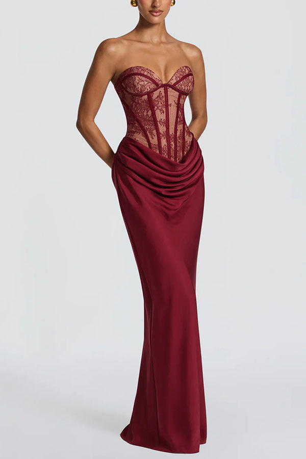Strapless Corset Lace Satin Maxi Dress