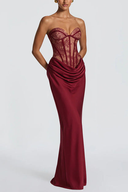 Strapless Corset Lace Satin Maxi Dress
