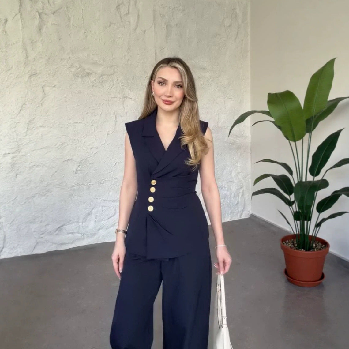 Elegant V-Neck Sleeveless Vest & Wide-Leg Pants Set