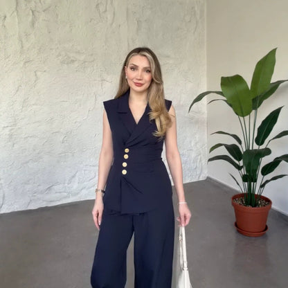 Elegant V-Neck Sleeveless Vest & Wide-Leg Pants Set