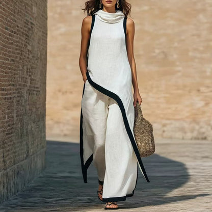Elegant Asymmetrical Sleeveless Tunic and Wide Leg Pants Set