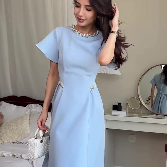 Elegant Pearl-Embellished Short Sleeve Round Neck Midi Dress – 2026 Summer Collection