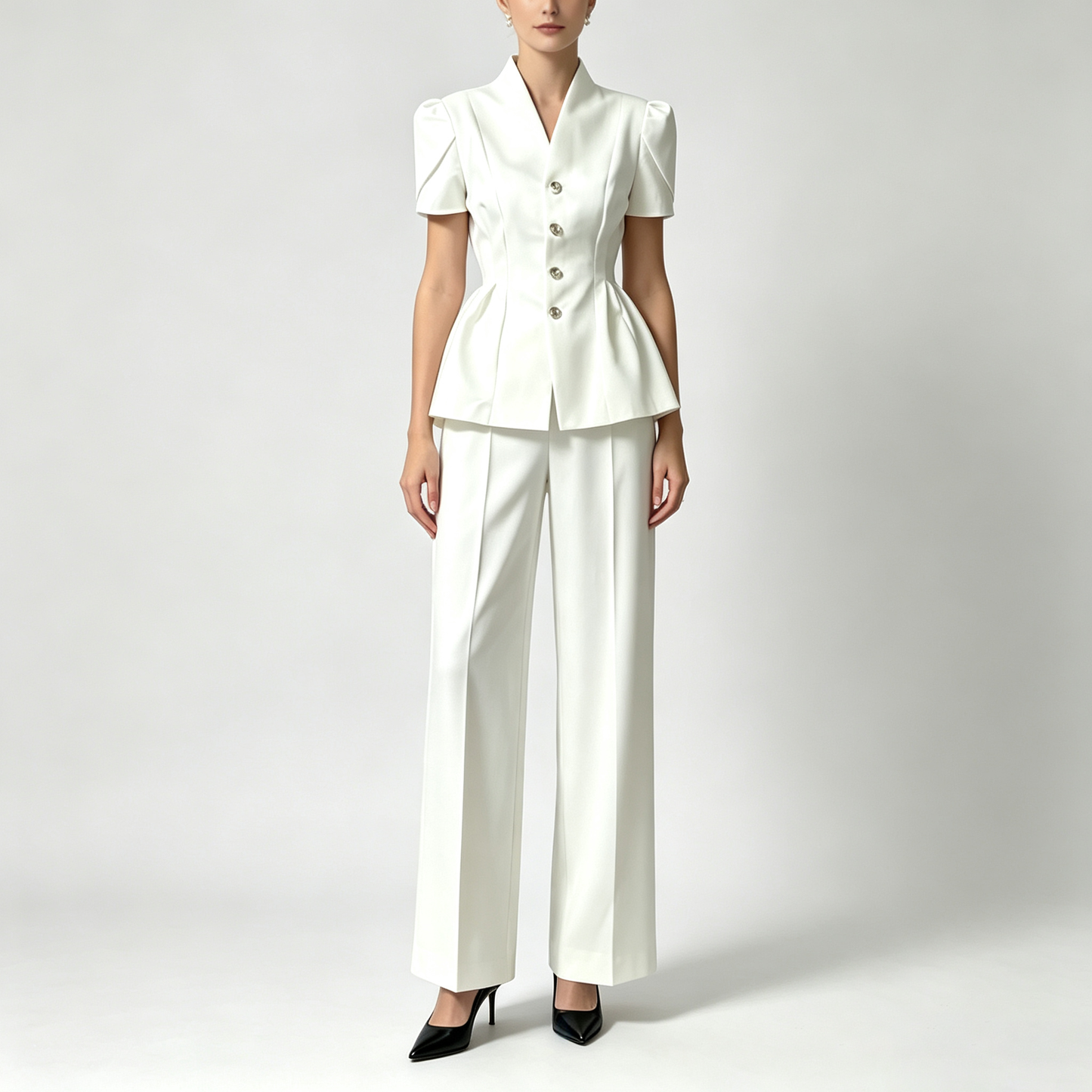 Elegant Peplum Power Suit – Short Sleeve Jacket & Wide-Leg Pants Set
