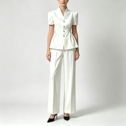 Elegant Peplum Power Suit – Short Sleeve Jacket & Wide-Leg Pants Set