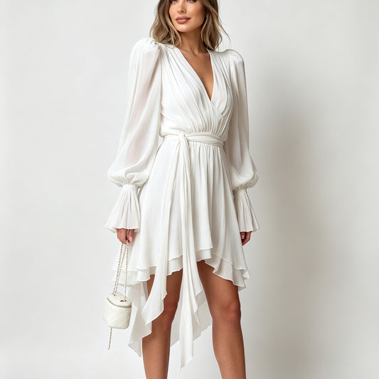 Sexy V-Neck Ruched Mini Dress Long Sleeve Soft Party Dress