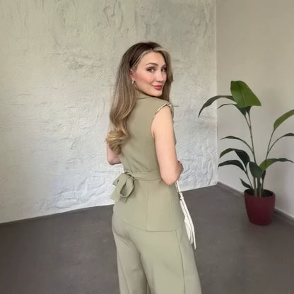Elegant V-Neck Sleeveless Vest & Wide-Leg Pants Set