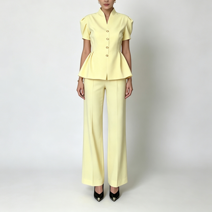 Elegant Peplum Power Suit – Short Sleeve Jacket & Wide-Leg Pants Set