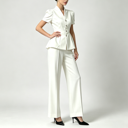 Elegant Peplum Power Suit – Short Sleeve Jacket & Wide-Leg Pants Set